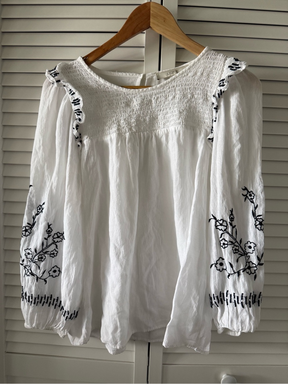 LOFT White Peasant Tunic with Black Floral Embroidery